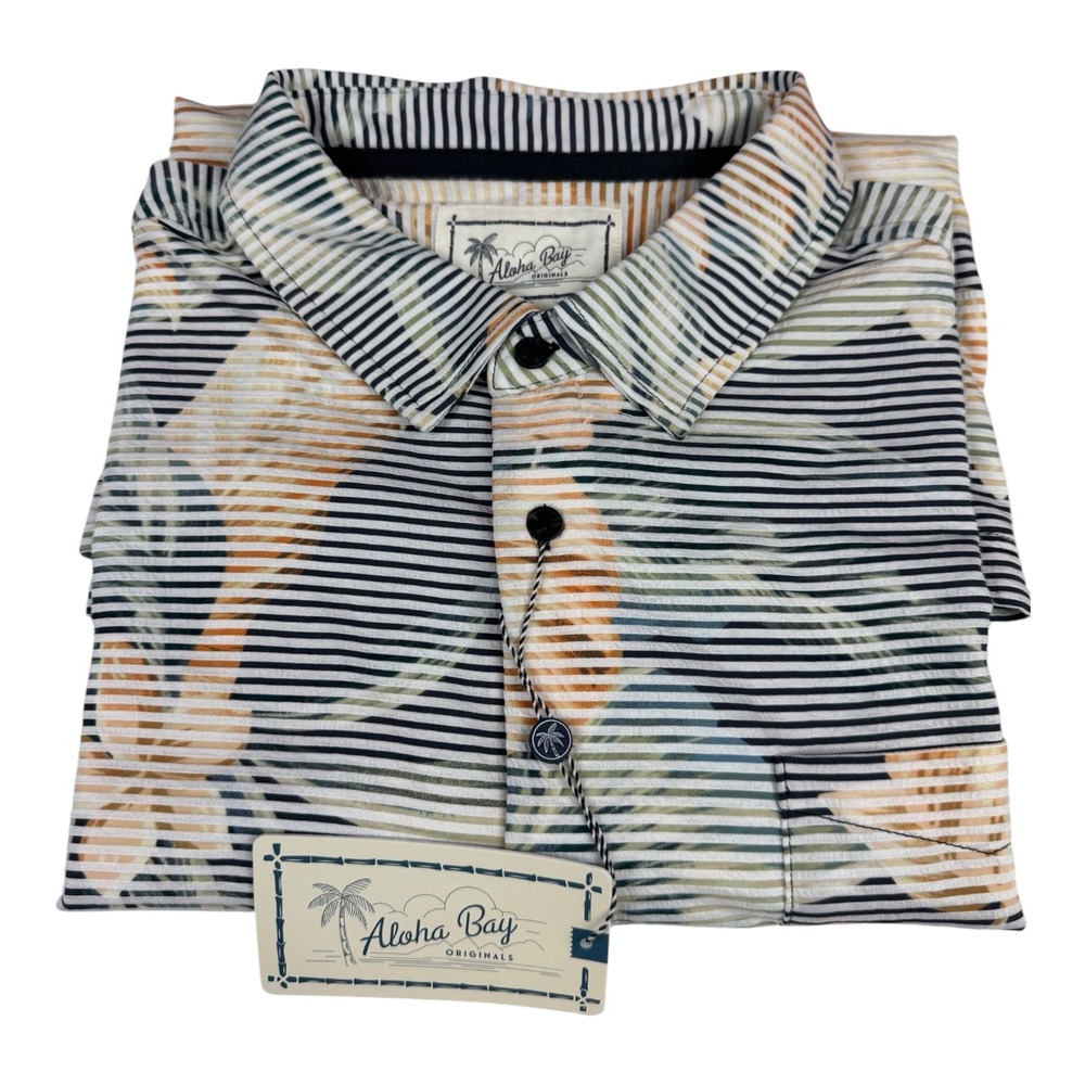 Aloha Bay Mens Large Floral Striped Textured Knit Button Down Shirt Navy New - Picture 9 of 13